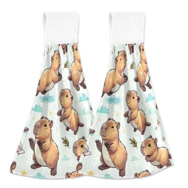 Imagem de Lindas toalhas de mão capivara primavera com laço para pendurar toalhas de gravata de forno absorventes conjunto de 2, toalha de cozinha personalizada de outono fofa 47 x 35 centímetros