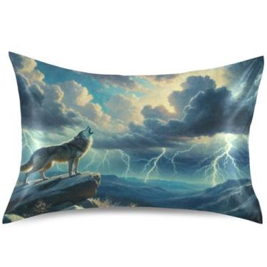 Imagem de Travesseiro de cetim Wolf Lightning Storm Mountain Standard Queen King Travesseiros fofos para decoração de casa, tamanho padrão, 66 cm x 50 cm