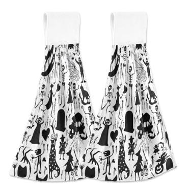 Imagem de Toalhas de mão de cozinha pretas de esqueletos de Halloween com laço para pendurar toalhas de dedo personalizadas para forno conjunto de 2 toalhas de cozinha ultra absorventes para decoração de casa