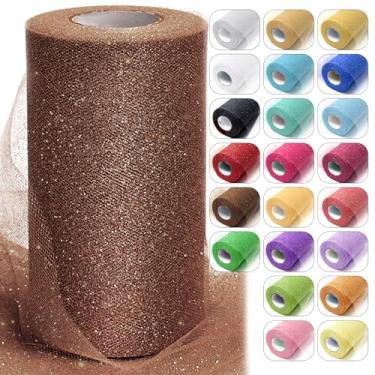 Imagem de Rolos de tecido de tule marrom com glitter, 15 cm x 50 metros de fita de carretel brilhante, rede de lantejoulas para decoração de tutu faça você mesmo, decoração de casamento, chá de bebê, festa de