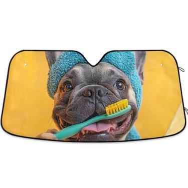 Imagem de Guarda-sol com estampa de buldogue feliz para para-brisa automotivo dobrável pára-brisas automotivo animal floral retrátil S, 134,6 cm x 59,7 cm