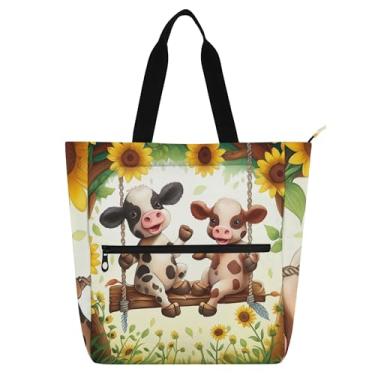 Imagem de Lindas bolsas de trabalho com girassóis de vacas para mulheres, bolsas de lona universitárias, bolsas reutilizáveis, presente para amantes de livros