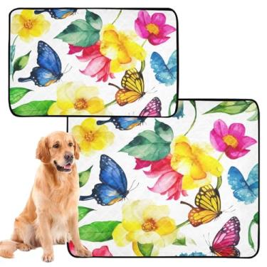 Imagem de Almofadas de xixi laváveis para cães de estimação, flores coloridas, borboletas azuis, almofada pequena para gatos de estimação, à prova d'água, tapete de gaiola de cachorro fofo absorvente almofadas