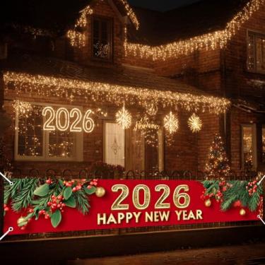 Imagem de HOMETITUTE 2026 Faixa de Feliz Ano Novo 2026 x 20 polegadas Fundo de férias em ouro vermelho com bagas e ramos de pinheiro decorações de festa de ano novo para parede, quintal, varanda, cerca de