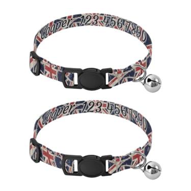 Imagem de Pacote com 2 coleira de gato confortável vintage bandeira britânica personalizada com fivela - Acessórios duráveis para animais de estimação pequenos e gatinhos, serve para pescoço de 27 a 43 cm