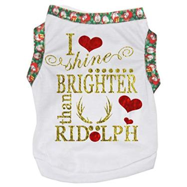 Imagem de Petitebella Camiseta branca I Shine Brighter Than Ridolph roupas para cães (bainha de Papai Noel verde, GG)