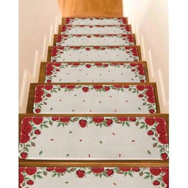 Imagem de Passos de escada 20,3 x 76,2 cm (15 peças), dia dos namorados, folha de flor rosa, tapete de escada, tapete de escada, tapete de escada, com textura de linho floral vermelho antiderrapante para