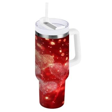 Imagem de Blueangle Copo isolado de fogos de artifício do Dia dos Namorados de 1,134 g com alça e tampa de palha, caneca de viagem reutilizável de aço inoxidável (413)