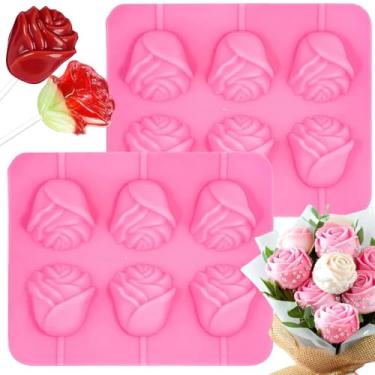 Imagem de Pacote com 2 moldes de pirulito de flor de rosa 3D, em forma de rosa, silicone, chocolate, doces, bolos, formas de panificação, bandeja para o dia dos namorados, dia das mães, bolo, cupcake, geleia