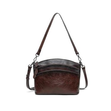 Imagem de Bolsa tiracolo vintage para mulheres - Bolsa de ombro com zíper triplo de couro legítimo com 2 alças para uso diário, Café, Bolsa tiracolo feminina de couro vintage