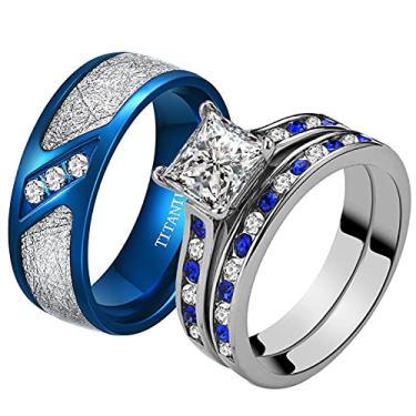 Imagem de ringheart 2 anéis de casal para ele e ela banhados a ouro branco corte princesa CZ conjuntos de alianças de casamento femininas vermelho aço titânio masculino alianças de casamento, Metal Cristal