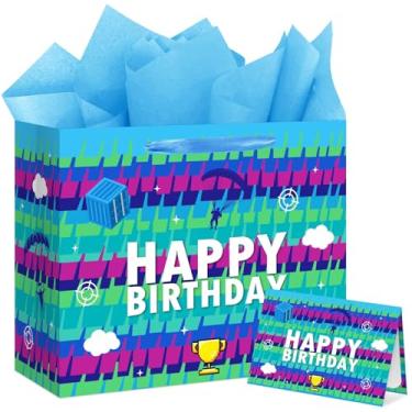 Imagem de Reyoust Bolsa grande de presente de festa de videogame de 33 cm com cartão e papel de seda azul, decorações de festa de feliz aniversário, perfeita para festas temáticas de jogos infantis, 1 peça 33