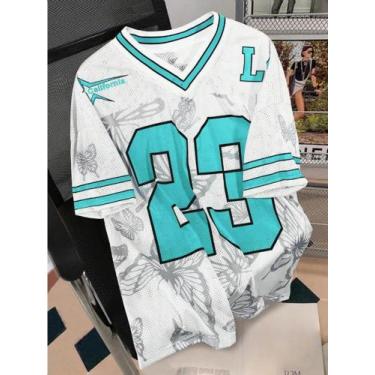 Imagem de Camiseta Feminina De Verão Com Estampa De Borboleta, Decote Em V, Mang