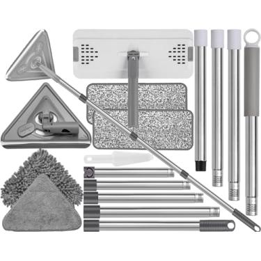 Imagem de Esfregão limpador de parede com cabo longo de 84 polegadas, esfregão de microfibra de 144,8 cm com 2 almofadas reutilizáveis, esfregão úmido e poeira para madeira, laminado, piso de azulejo, rodapé