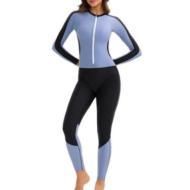 Imagem de Maiô feminino Rash Guard de manga comprida com proteção solar com estampa esportiva, maiô inteiro FPS 50+, Azul, Large