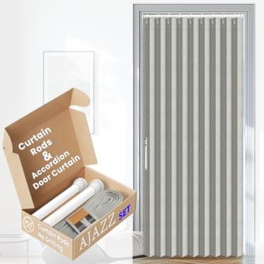 Imagem de AJAZZ Cortina magnética para portas sanfonadas interiores invisíveis para porta dobrável para quarto, sala de estar, conjuntos de cortinas de entrada incluídos haste (1 pacote, 133 L x 78 C, cinza)