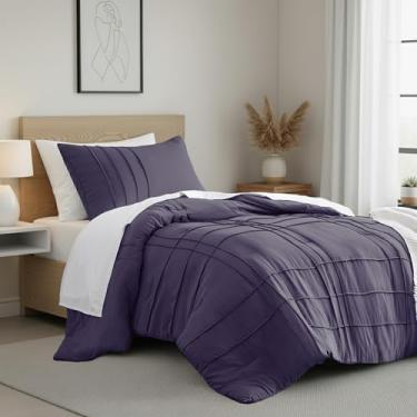 Imagem de Conjunto de edredom solteiro com pregas de beliscar, conjunto de cama de 2 peças com padrão quadriculado, microfibra pré-lavada, leve e fofo, azul skipper para todas as estações, inclui 1 fronha