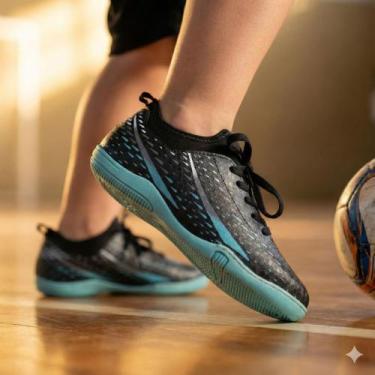 Imagem de Chuteira Infantil Molekinho Futsal Napa Preto/Azul Turquesa, Preto, Az