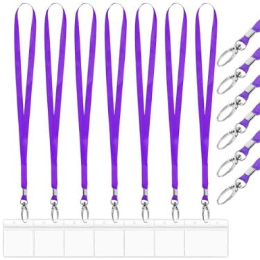 Imagem de Swpeet Suporte de crachá de identificação de plástico transparente à prova d'água de 8,4 cm x 9,9 cm com kit de cordão roxo de 45 cm, crachás de crachá com zíper resselável para cartões de