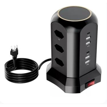 Imagem de Torre de Tomadas Vertical 9 Tomadas 4 USB 2 Type-C, 2500W, Proteção contra Sobrecarga, Interruptor, Preto