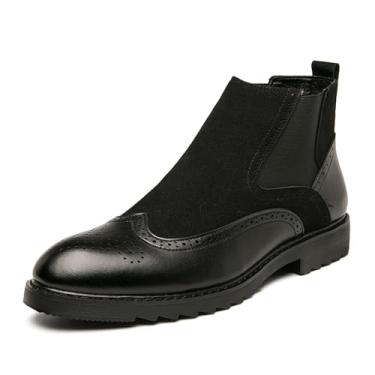 Imagem de Botas masculinas de couro PU sem cadarço Brogue Chelsea, Preto, 9