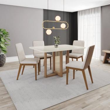 Imagem de Conjunto Sala Jantar Mesa Natalí 120cm Canto Arredondado com Vidro 4 Cadeiras Pietra Marrom/Off White/Caramelo