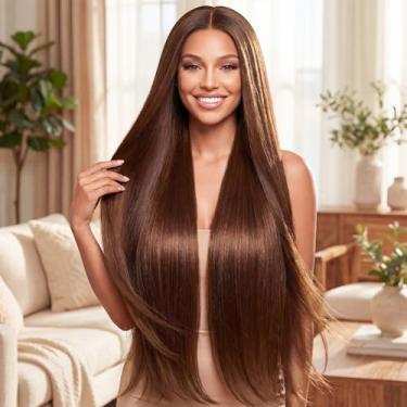 Imagem de Peruca frontal de renda reta de cabelo humano 76 cm, 33 x 4 destaques sem cola, peruca frontal de renda transparente pré arrancada, linha do cabelo natural para mulheres, marrom claro