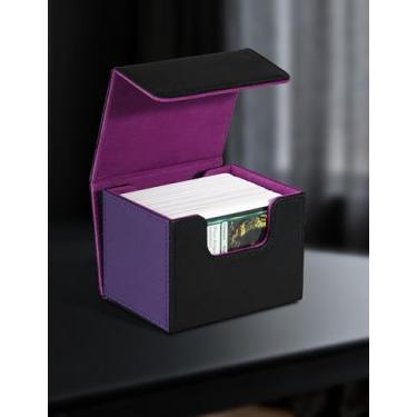 Imagem de Caixa de baralho de cartas para MTG, caixa de armazenamento de cartões colecionáveis com visor Commander serve para mais de 100 mangas duplas, organizador para CCG TCG Sports (preto e roxo)