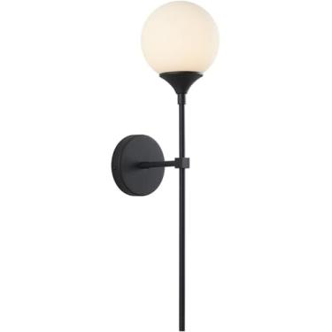 Imagem de Arandela de parede moderna e minimalista, preta fosca, fina, com globo de vidro branco. Estilo vintage industrial, ideal para corredores, escadas e espelhos de banheiro.