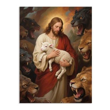Imagem de Leão de Judá Pictures decoração de parede proteção do pastor Jesus e cordeiro arte de parede decoração de casa para igreja sala de estar 80 x 60 cm (32 x 24 polegadas) sem moldura