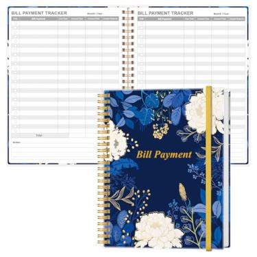 Imagem de Caderno de monitoramento de contas – Organizador e planejador de contas mensais para orçamento financeiro pessoal, organizador de lista de verificação de pagamentos, 20 x 26,7 cm, flor de folha azul