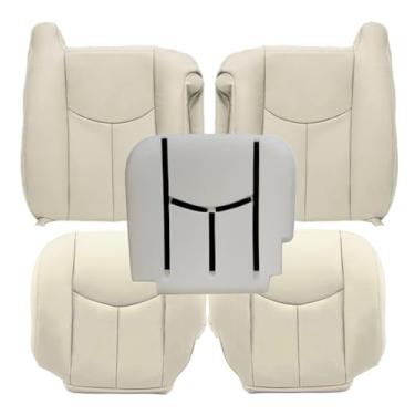 Imagem de NLQR Capas de assento traseiro e inferior do lado do motorista e do passageiro de substituição de couro bege claro compatível com Chevy Avalanche Tahoe Suburban Yukon XL 2003 2004 2005 2006
