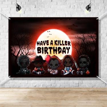 Imagem de Banner de festa de aniversário de filme de terror, cenário de festa de Halloween com tema assustador de 1,5 x 0,9 m, fundo fotográfico com adereços clássicos de terror, decorações para crianças e