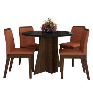 Imagem de Mesa Redonda Com Vidro 4 Cadeiras Bélgica Imbuia/preto/terracota - M.a
