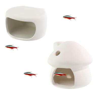 Imagem de WishLotus Caverna para decoração de aquário, 2 peças de esconderijo de aquário de camarão de cerâmica oferecendo esconderijos e áreas de jogos, adequado para peixes pequenos como Betta (branco)
