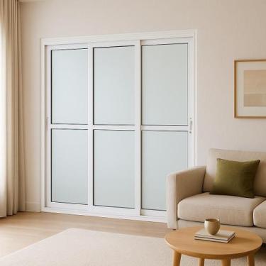 Imagem de Porta Balcão 3 Folhas Vidro Alumínio Branco Linha 25 Com Fechadura Bre