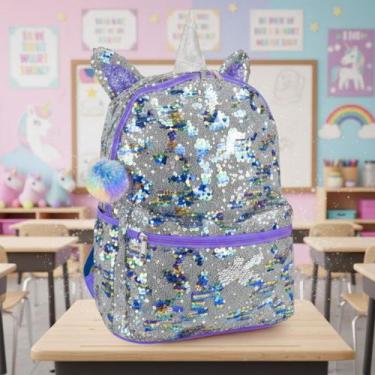 Imagem de Mochila Para Menina Bolsa Escolar Com Chaveiro Pom Pom Cor Roxo - Clio