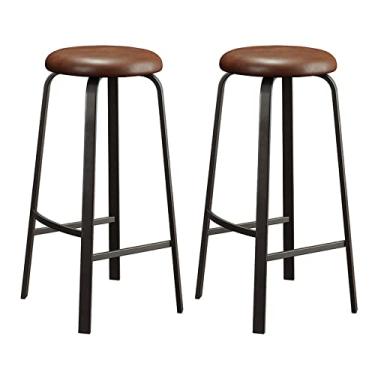Imagem de Banquetas de bar, banco de bistrô conjunto de 2 bancos de bar de couro PU bancos de altura de balcão com base de metal bancos costas nuas para balcão de cozinha ilha bar casa, r