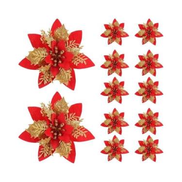 Imagem de Flores De Natal Artificiais Em Glitter Rosa, Vermelho E Dourado, Decor