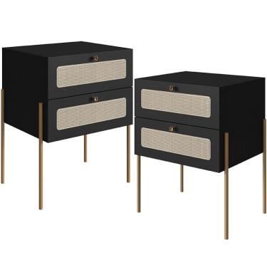 Imagem de Kit 02 Mesas de Cabeceira 02 Gavetas com Telinha Industrial Indy A03 Nero Dourado - Lyam Decor