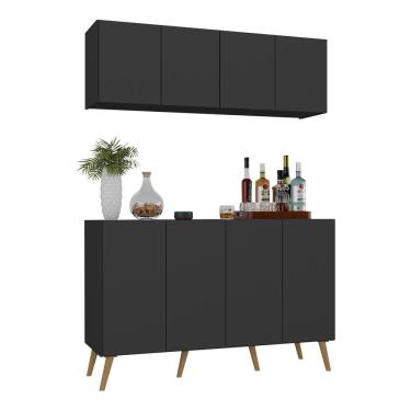 Imagem de Kit Bar Armário Aéreo E Aparador 4 Portas Retrô Multimóveis Mp1086 Preto/natural Preto/natural