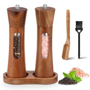 Imagem de Conjunto de 2 unidades de moedores de sal e pimenta de madeira, 20 cm, recarregáveis, moedores de especiarias de grossura ajustável com janela de visualização clara, moedor de sal e pimenta, incluindo