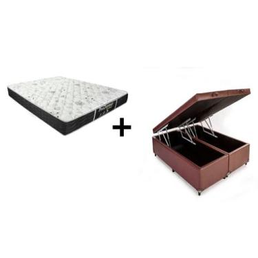 Imagem de Cama Box Baú King 193 Bipartido Tecido Sintético Marrom Com Colchão De