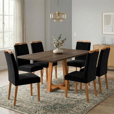 Imagem de Mesa Jantar Julia 1,6m Freijó Pés Cerejeira 6 Cadeiras Heloísa Almofadada - Preto Veludo