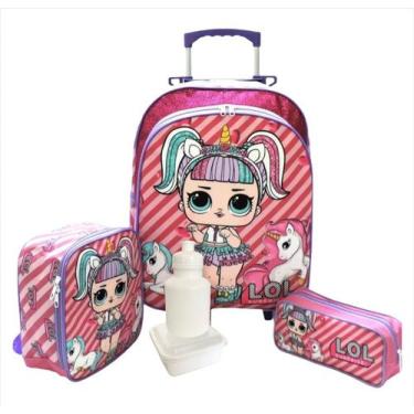Imagem de Kit Mochila Escolar Infantil Lol Unicórnio Rodinhas F5 G