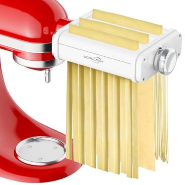 Imagem de Coolcook Acessório de máquina de macarrão para batedeiras KitchenAid, espessura ajustável – Conjunto de rolos de massa 3 em 1 para KitchenAid, inclui rolo de massa, cortador de macarrão, cortador de