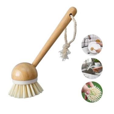 Imagem de Escova De Limpeza Redonda Cabo de Bambu Para Louças Panelas E Cozinha 