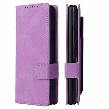 Imagem de Capa para Samsung Galaxy Z Fold 3, 2 em 1 Capa carteira flip de couro magnético removível com compartimentos para cartões de armazenamento Stylus integrado e proteção à prova de choque, roxo