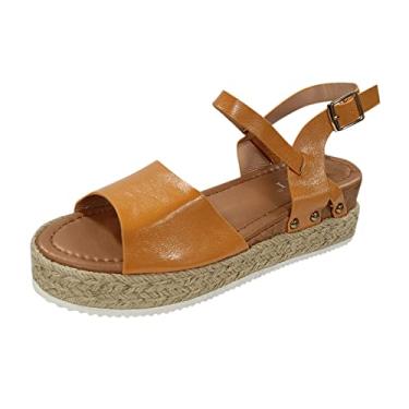 Imagem de Sandálias de verão femininas moda retrô com fivela peep sandálias sandálias de tira dedo do pé verão feminino, Amarelo, 7.5