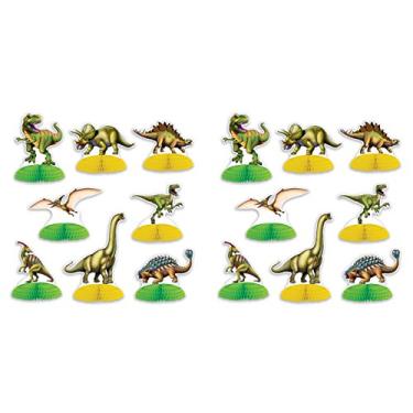 Imagem de Beistle Minicarros de mesa de dinossauro 16 peças suprimentos para festa de aniversário decorações na selva, 10 cm - 15 cm, verde/amarelo/marrom